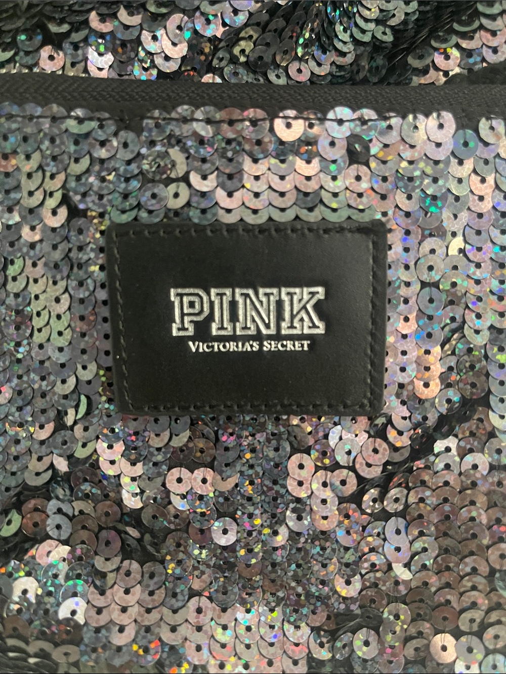 PINK Victoria's Secret Iridescent Sequin Drawstring Backpack - Black/Silver - Picture 2 of 3